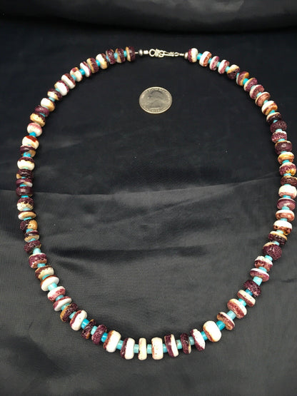 Purple Spiny Oyster & Turquoise Navajo Sterling Silver Bead Necklace 02617