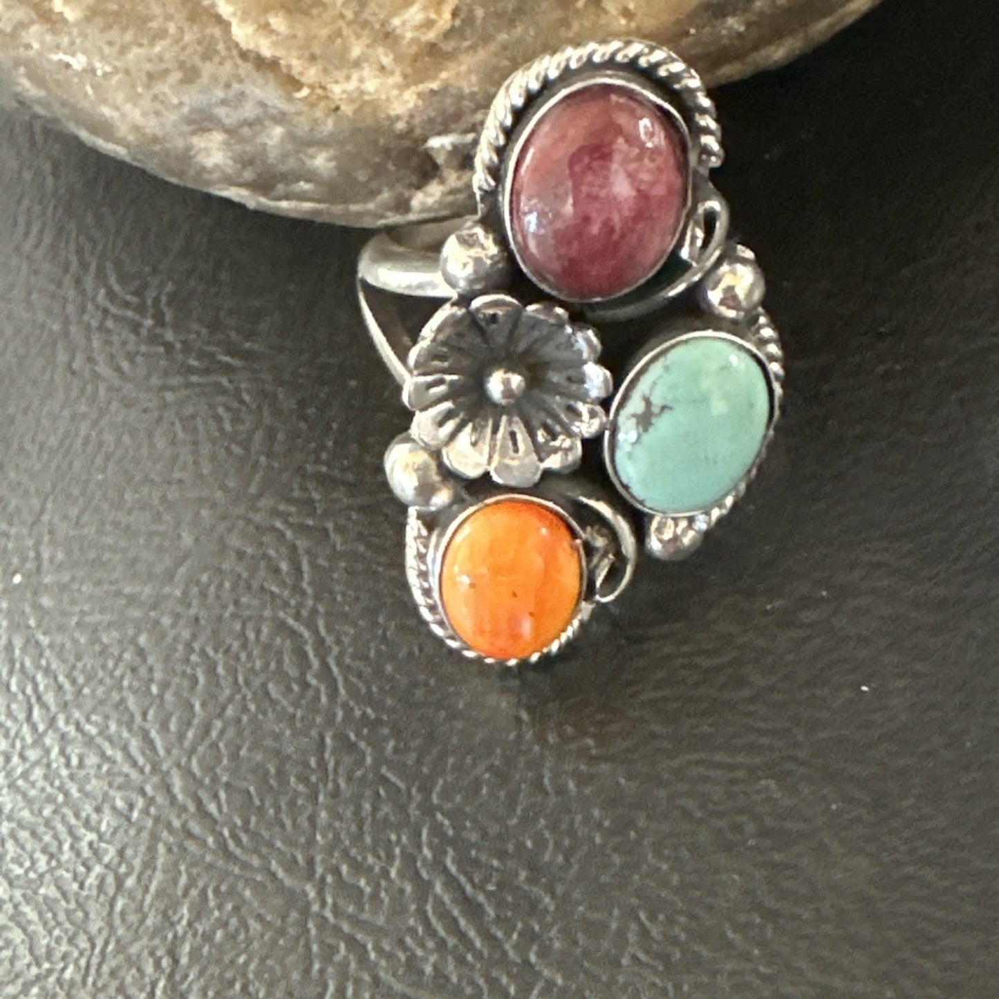 Multicolor Ring Turquoise Spiny Navajo Sterling Silver Cluster Size 8.5 19167