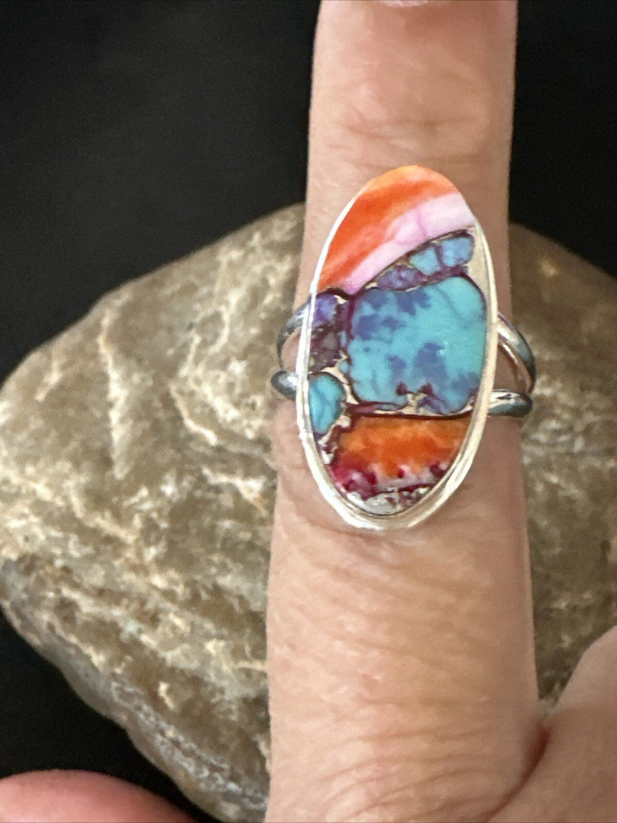 Blue Turquoise Spiny Oyster Southwestern Sterling Silver Ring Size 8 18437