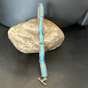 Opal Blue Turquoise Navajo Old Pawn Inlay Bracelet 7.5" | Sterling Silver | Authentic Native American Handmade | 18126