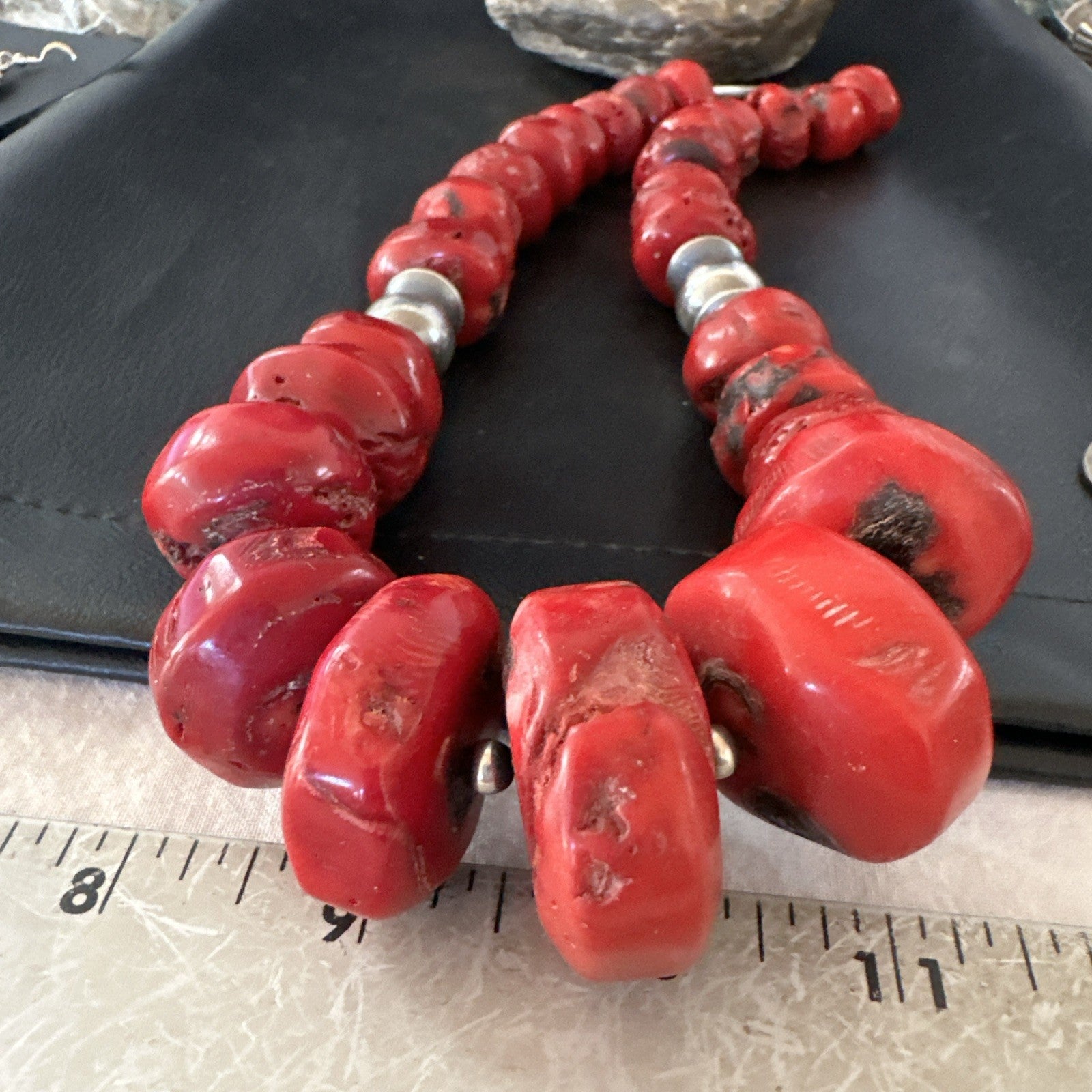 Chunky Navajo Red Bamboo Coral Sterling Silver Bead Necklace 24” Graduated 19530
