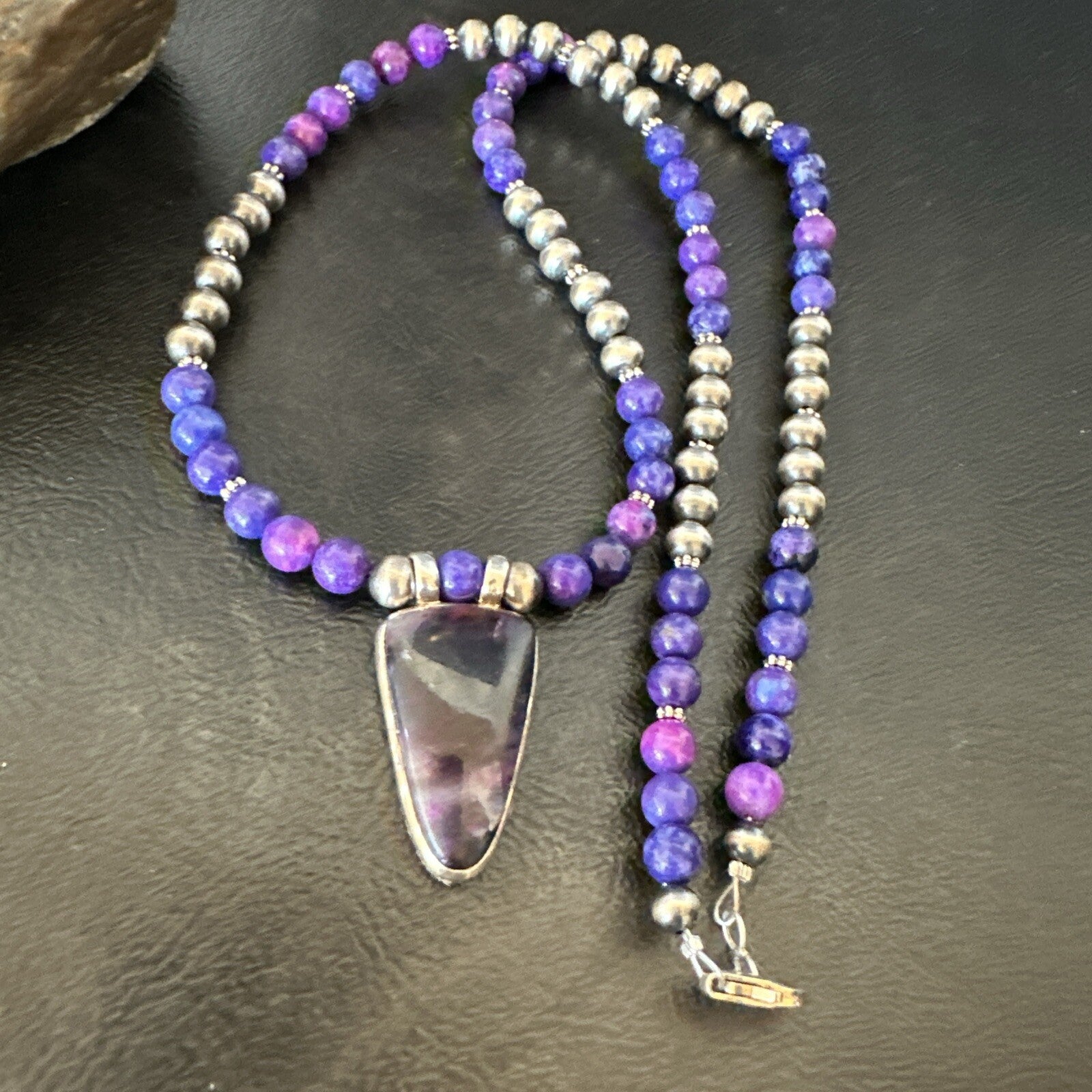 Purple Stone Pendant Navajo Pearls Sterling Silver Necklace 22” 18294