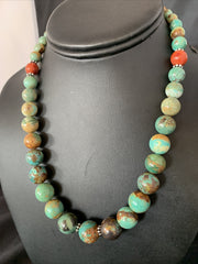 Green Turquoise Apple Coral Navajo Graduated Necklace 18"13207N | Sterling Silver | Authentic Native American Handmade
