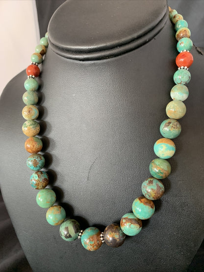 Green Turquoise Apple Coral Navajo Graduated Sterling SIlver Necklace 18" 13207N