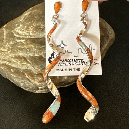 Orange Spiny Oyster Opal Sterling Silver Swirl Dangle Earrings 3" 19134
