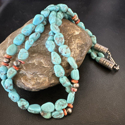 Spiny Oyster Nacosari Turquoise 2S Navajo Sterling Silver Necklace 19" 17785