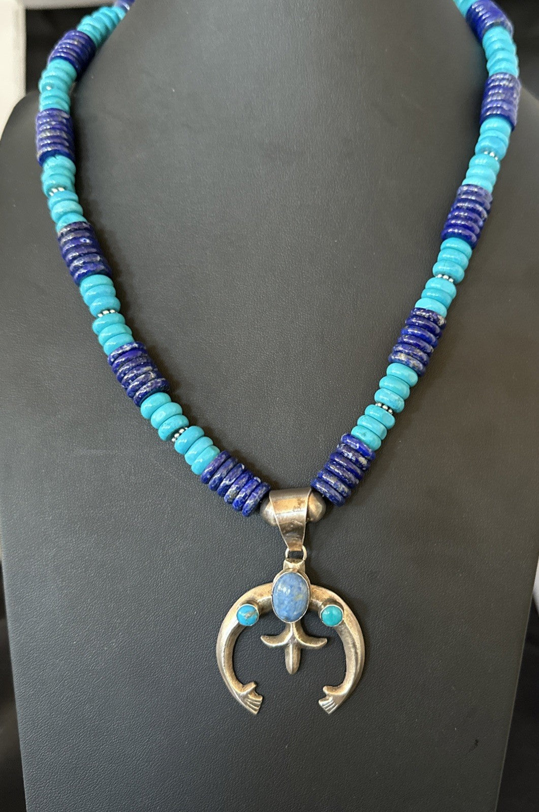 Blue Turquoise Lapis Naja Pendant Navajo 12mm Sterling Silver Necklace 19545