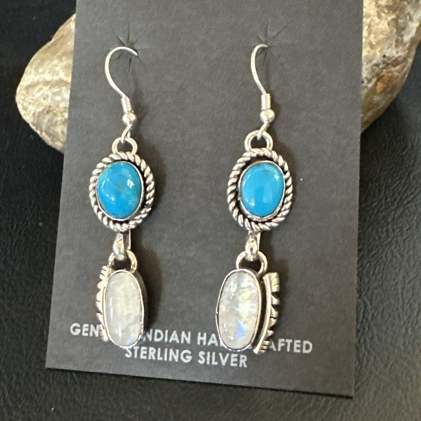 Navajo White MOP Blue Turquoise Sterling Silver Dangle Earrings 18185
