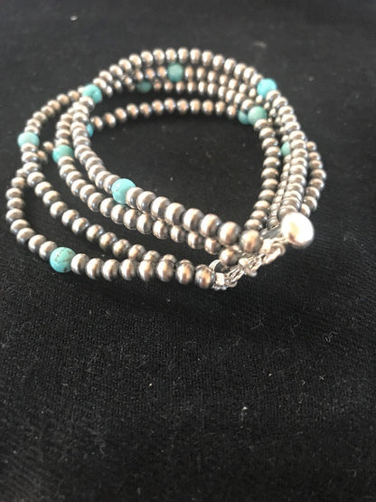 Native American Sterling Silver Beads Blue Turquoise Bracelet 4 Strand