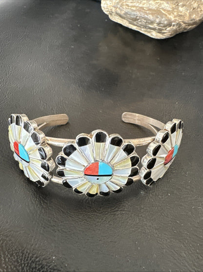 Blue Turquoise Coral MOP Zuni Sterling Silver Inlay Sunface Cuff Bracelet 18872
