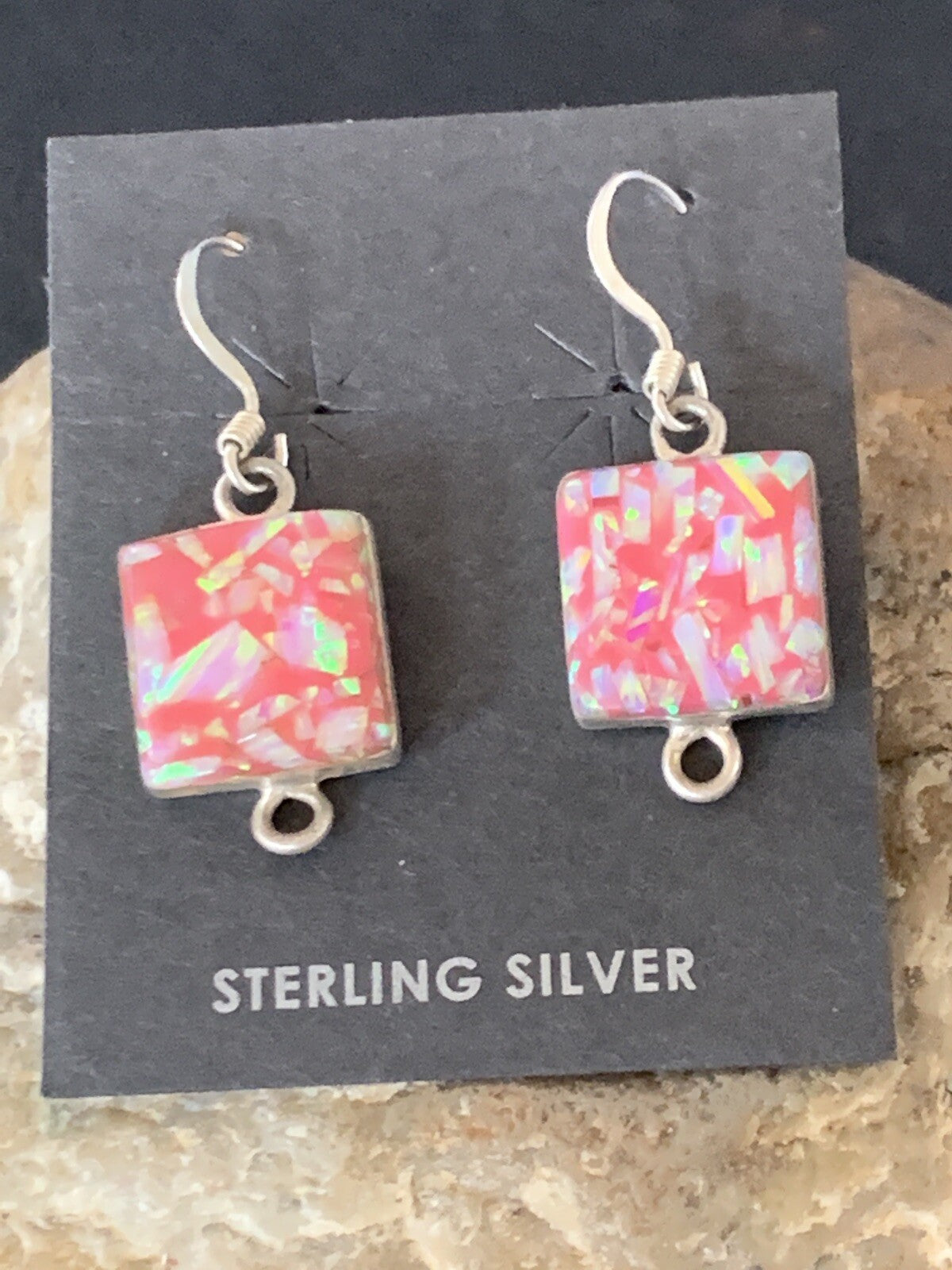 Womens Pink Opal Navajo Sterling Silver Dangle Drop Earrings 0.5" 12752
