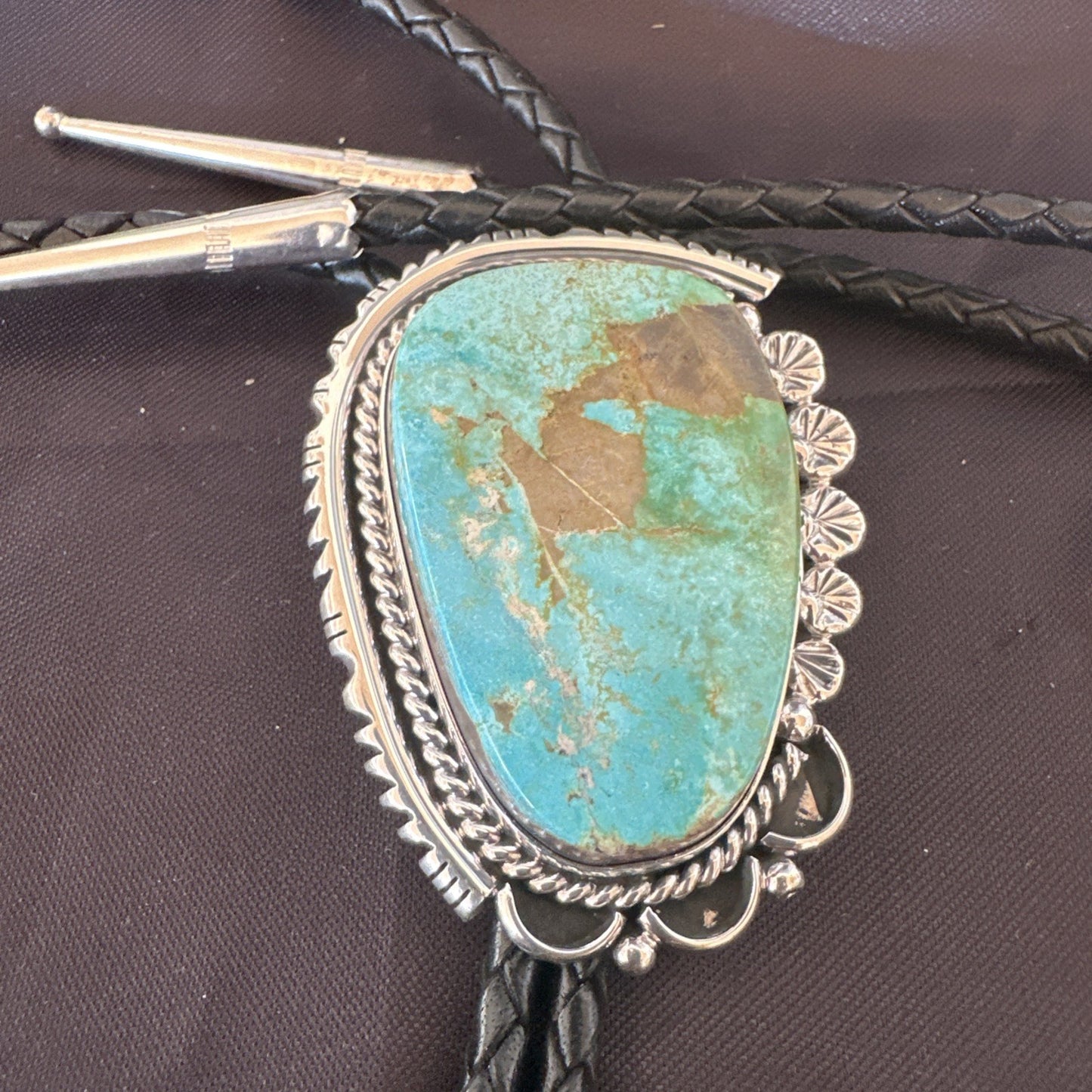 Native Mens Blue Green Royston Turquoise Bolo Tie Sterling Silver Navajo 19594