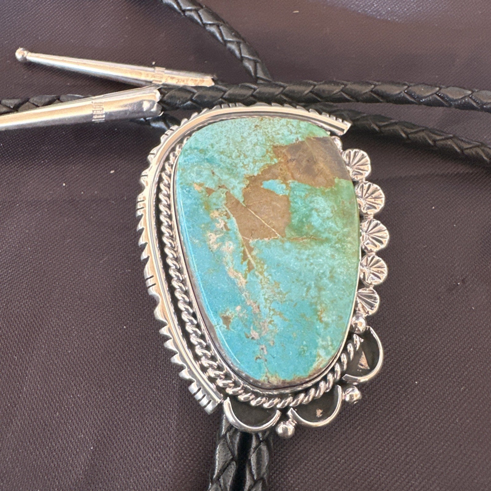 Native Mens Blue Green Royston Turquoise Bolo Tie Sterling Silver Navajo 19594