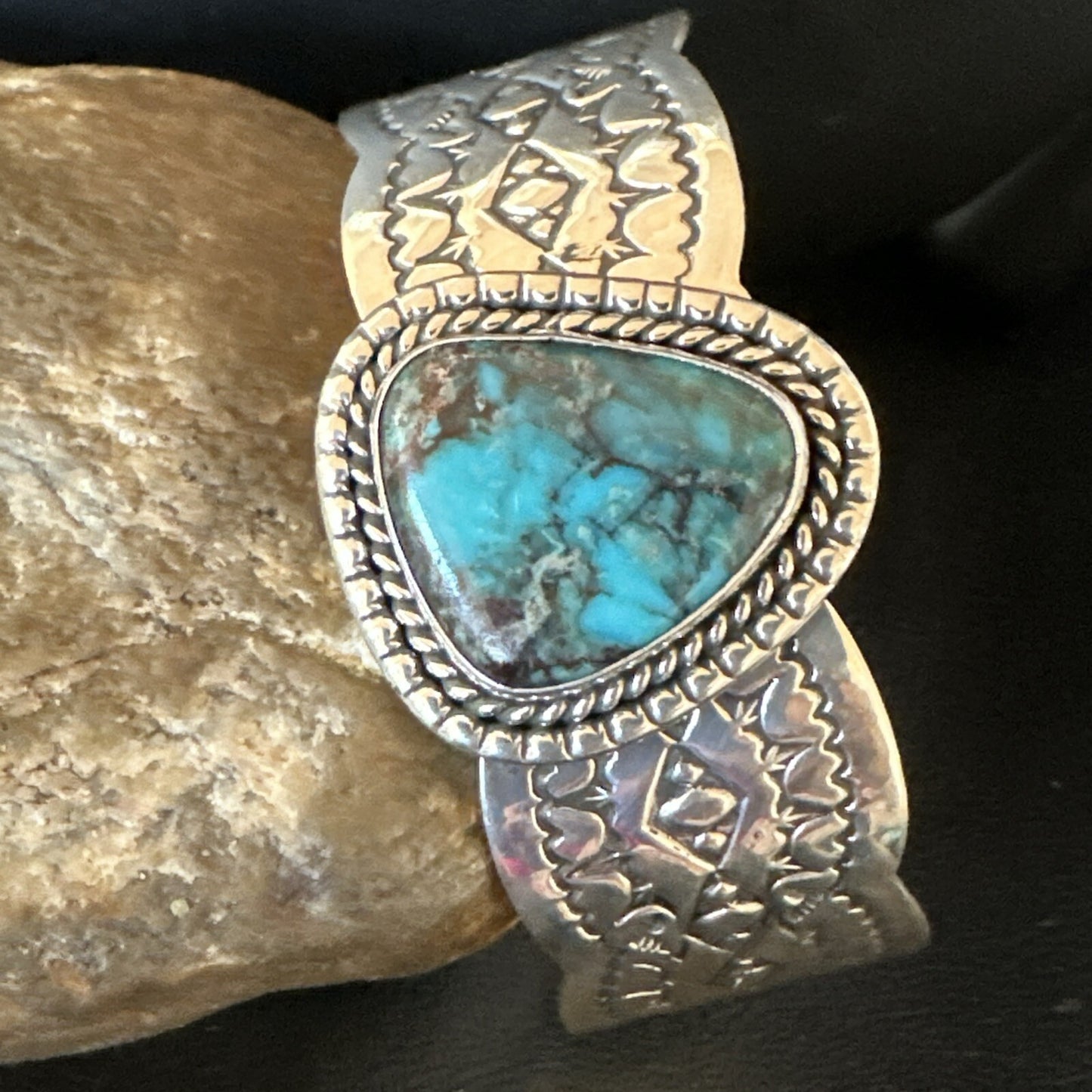 Navajo Blue TURQUOISE Stamped Sterling Silver Cuff Bracelet 8.3" 18716