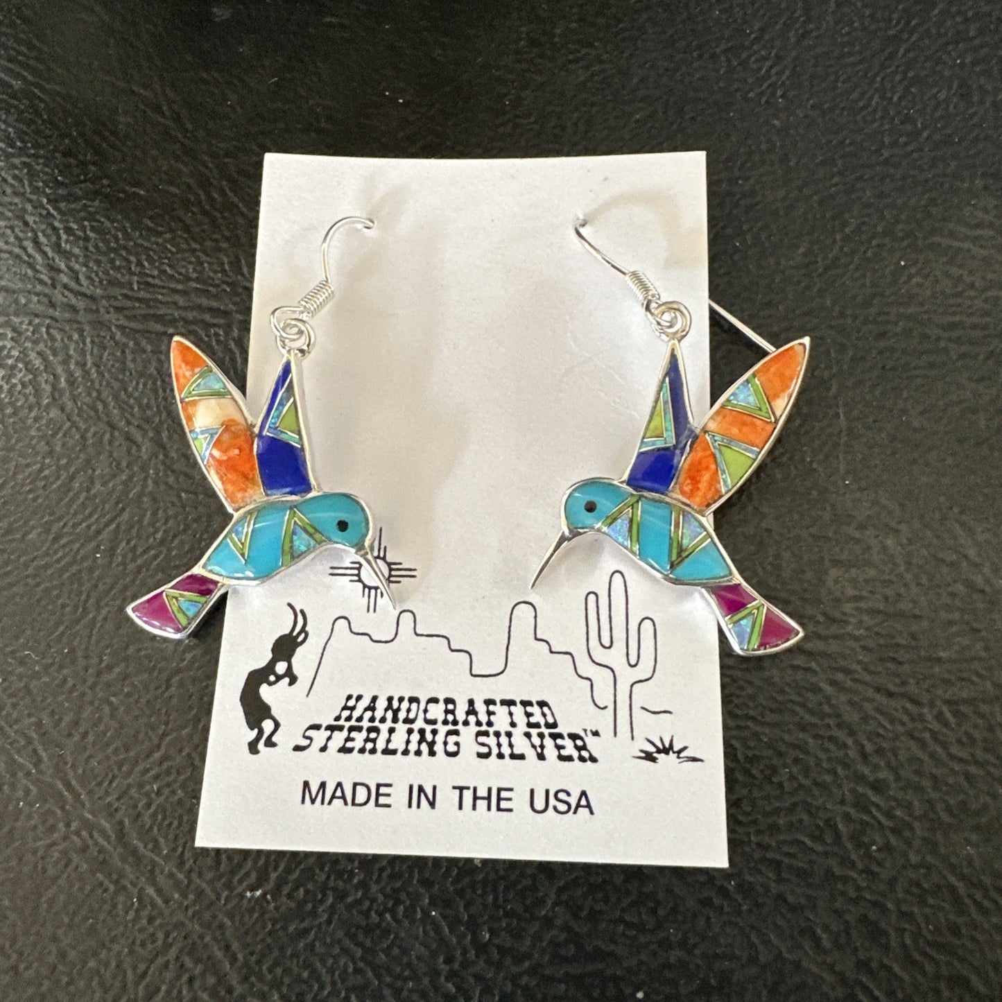 Blue Turquoise Spiny Opal Sterling Silver Hummingbird Dangle Earrings 19132