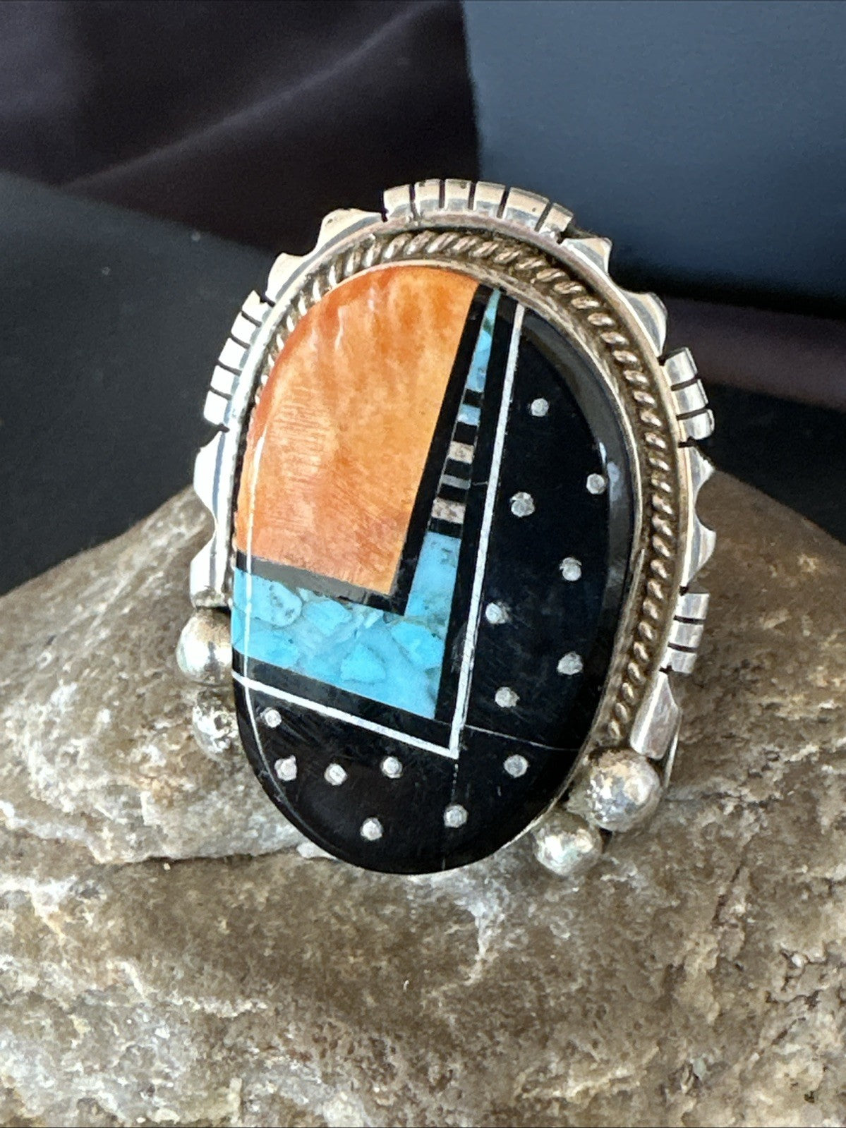Onyx Turquoise Spiny Navajo Cosmic Inlay Sterling Silver Ring Size 9 19788