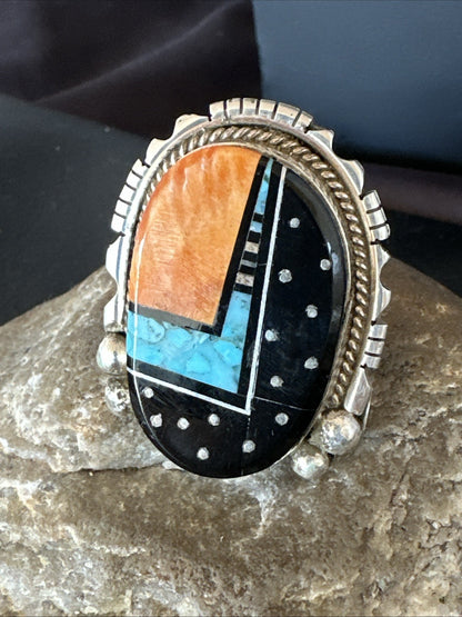 Onyx Turquoise Spiny Navajo Cosmic Inlay Sterling Silver Ring Size 9 19788
