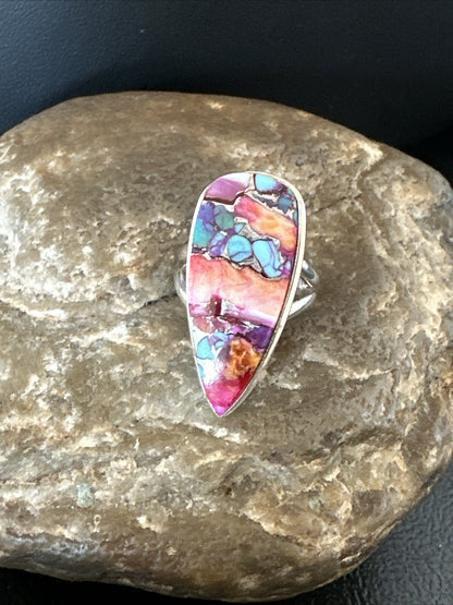 Blue Turquoise Orange Spiny Oyster Navajo Sterling Silver Ring Size 5.5 18210