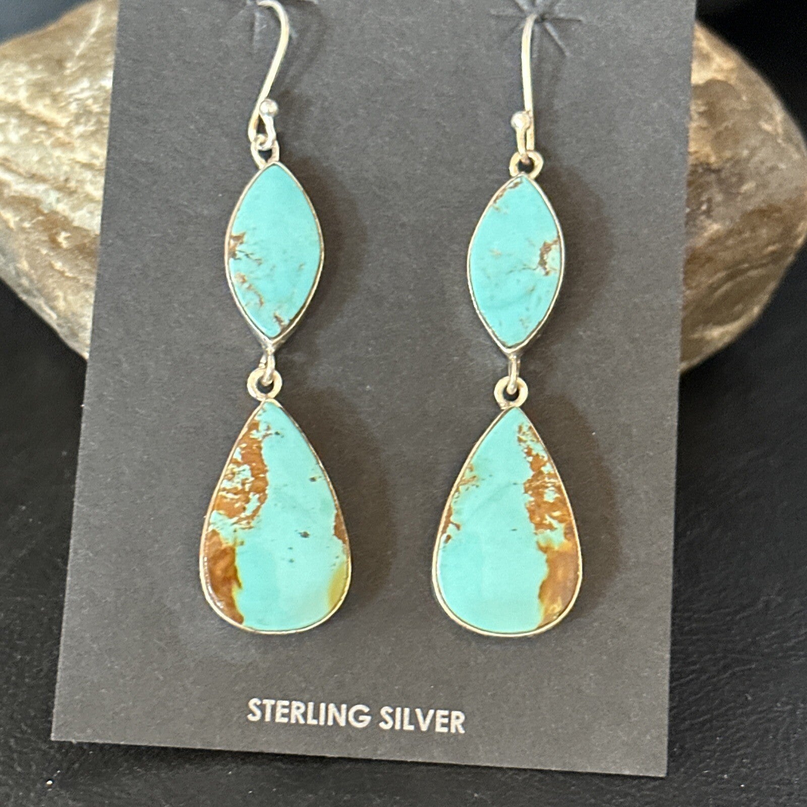 Blue Kingman Turquoise Navajo Sterling Silver Dangle Earrings 14577