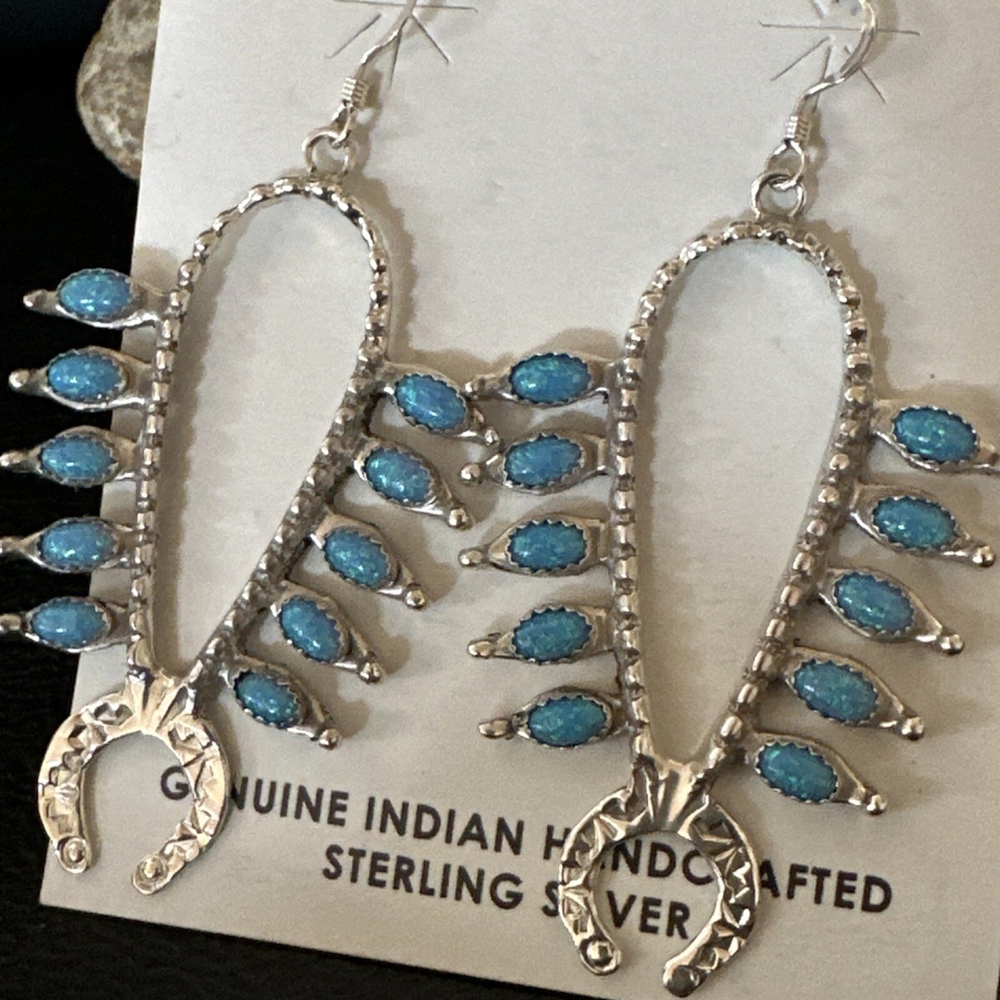 Womens Blue Opal Navajo Squash Blossom Sterling Silver Earrings 18549