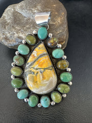 Navajo Bumblebee Jasper Green Turquoise Necklace Pendant | Sterling Silver | Authentic Native American Handmade | 19441