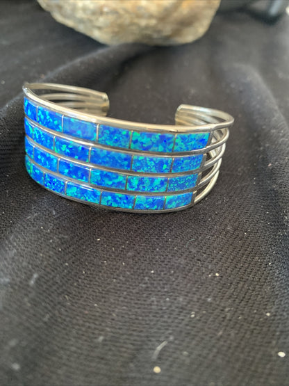 Blue Faux Opal Southwestern Zuni Sterling Silver Cuff Inlay Bracelet 01028