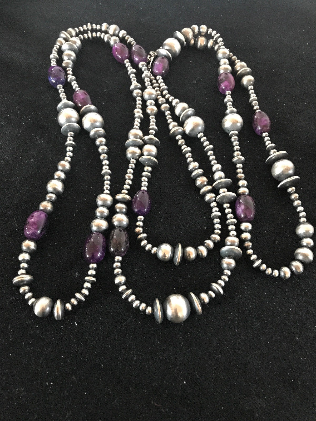 Native Long Navajo Pearls Sterling Silver Purple Stone Bead Necklace 70" 08052