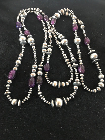 Native Long Navajo Pearls Sterling Silver Purple Stone Bead Necklace 70" 08052