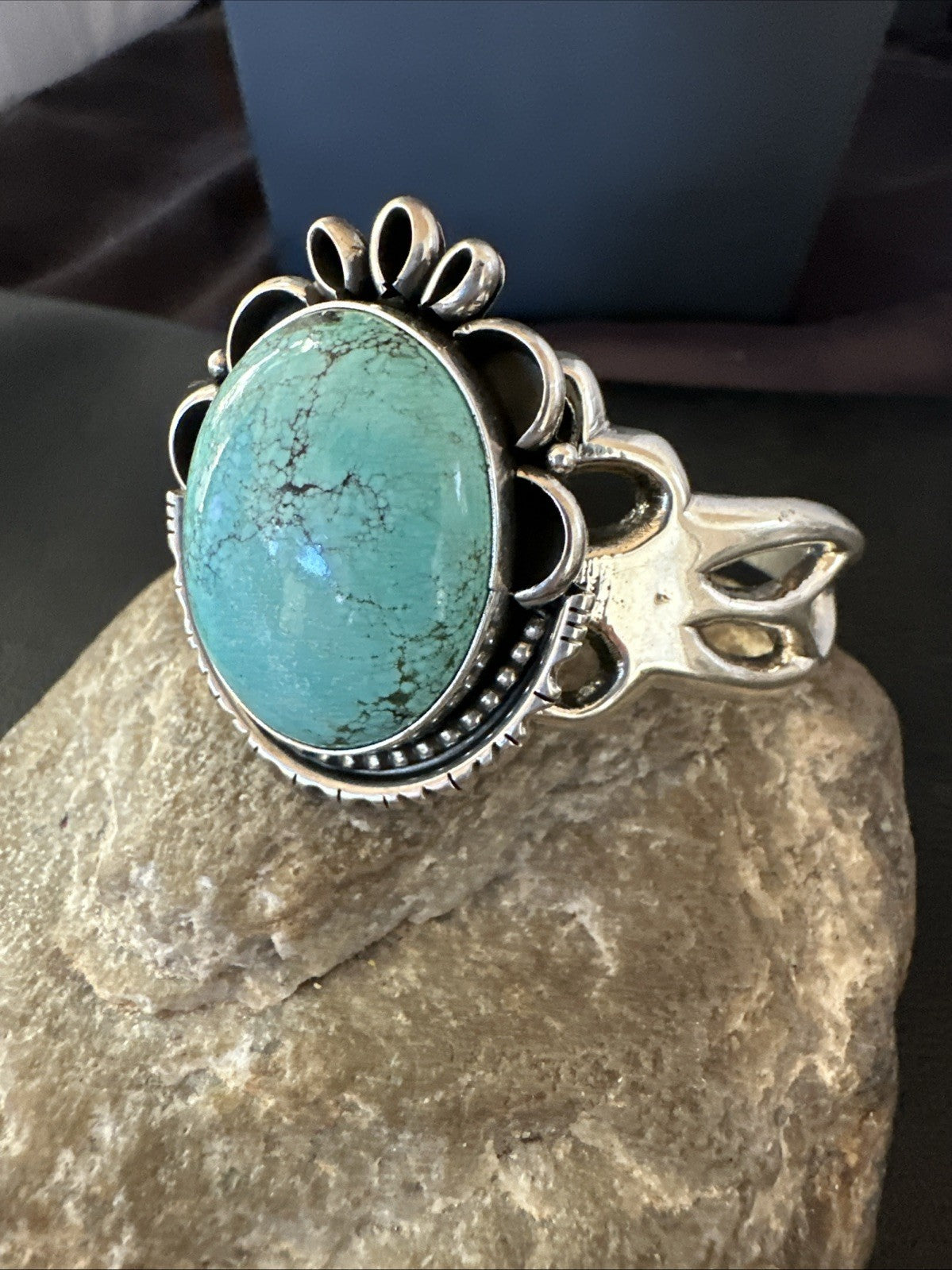 Yazzie Mens Blue Turquoise Navajo Sterling Silver Tufa Cast Cuff Bracelet 19694