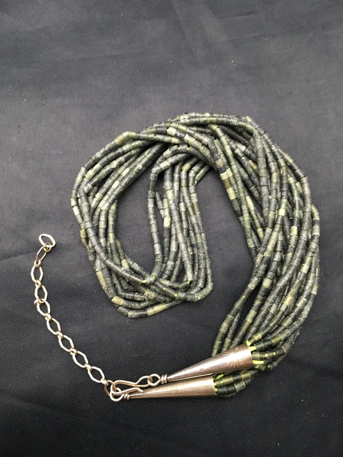 Southwestern Green Agate Heishi 10 Strand Sterling Silver Necklace 16" 04351