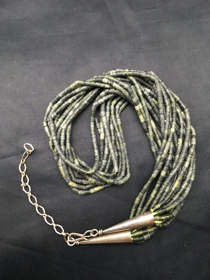 Southwestern Green Agate Heishi 10 Strand Sterling Silver Necklace 16" 04351