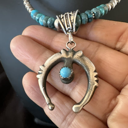 Blue Turquoise Naja Pendant 6mm Beads Navajo Sterling Silver Necklace 21" 18674