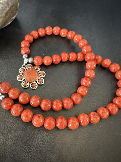 Navajo Apple Sponge Coral Sterling Silver Necklace Pendant 18327