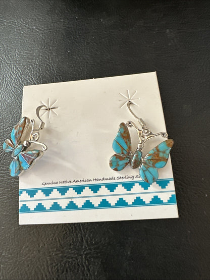 Butterfly Multicolor Turquoise#8 Inlay Sterling Silver Earrings 19818