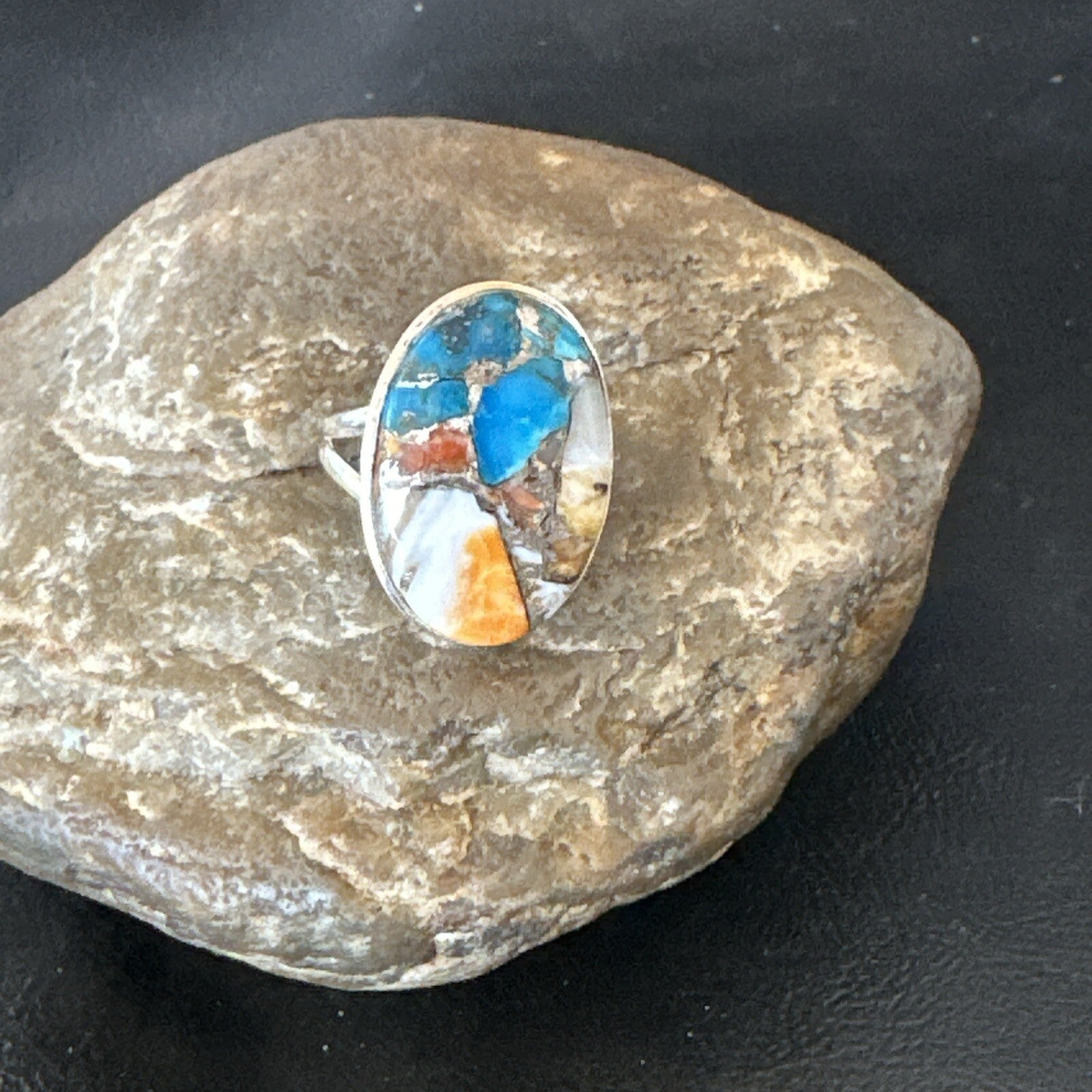 Blue Turquoise Spiny Oyster Southwestern Sterling Silver Ring Size 11 18448