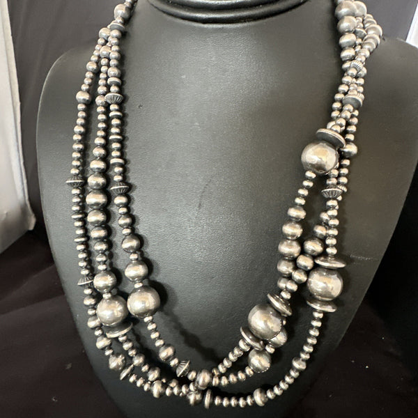 Navajo Pearls Necklace 3 Strand | Sterling Silver | Authentic Native American Handmade | 94221