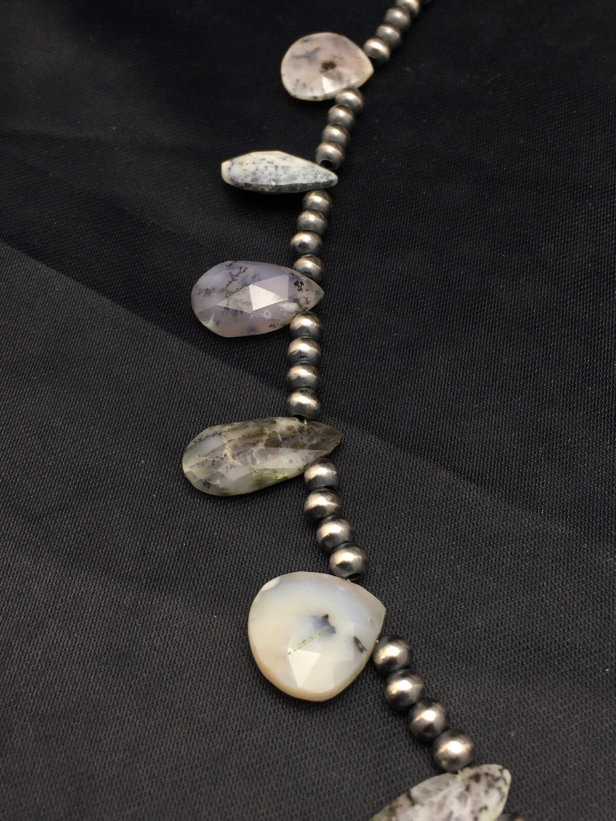 Black Rutile & Opal Pear Shaped Navajo Pearls Sterling Silver Necklace 4092