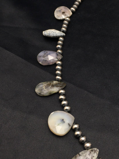 Black Rutile & Opal Pear Shaped Navajo Pearls Sterling Silver Necklace 4092