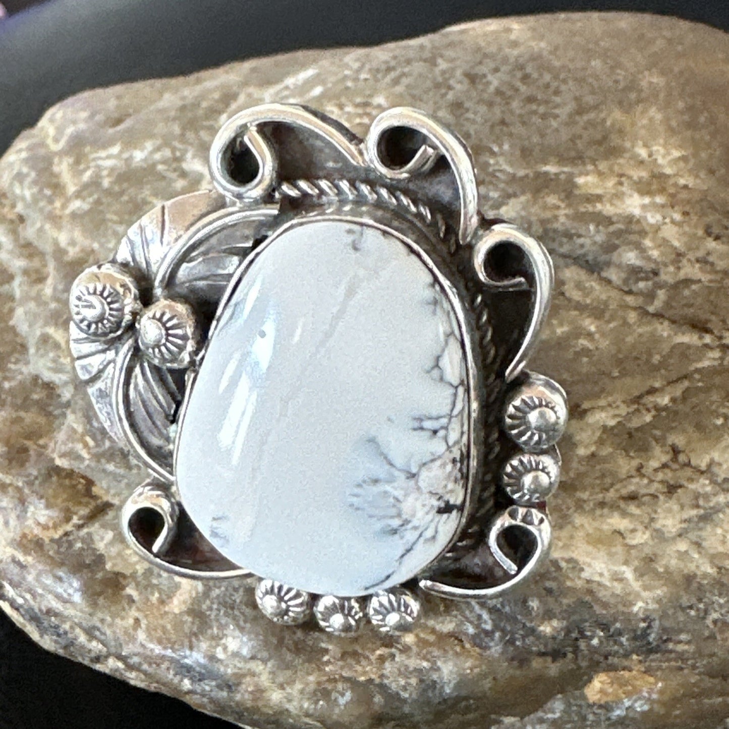 Mens Womens White Buffalo Turquoise Navajo Sterling Silver Ring Size 10 18103