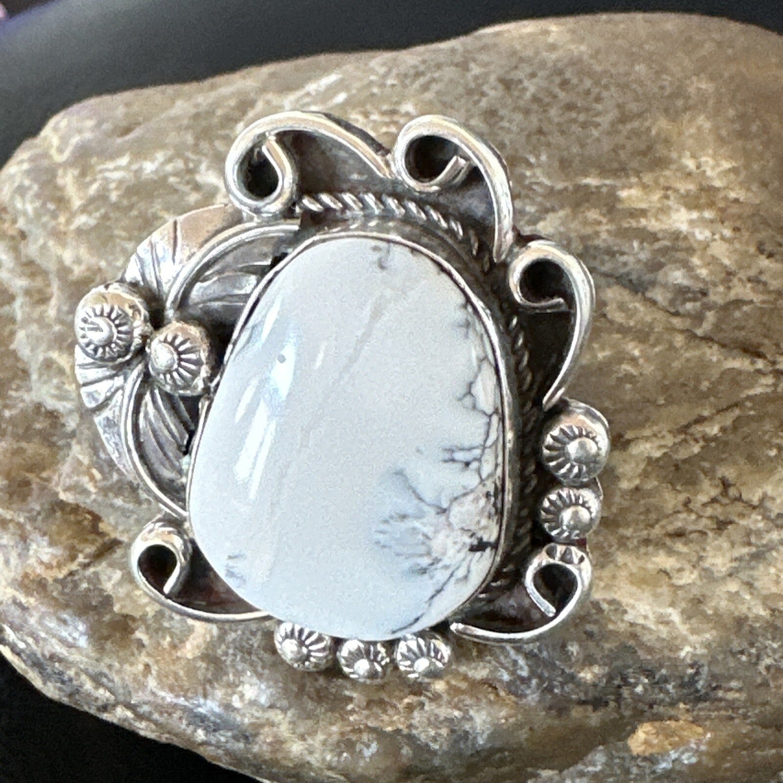Mens Womens White Buffalo Turquoise Navajo Sterling Silver Ring Size 10 18103