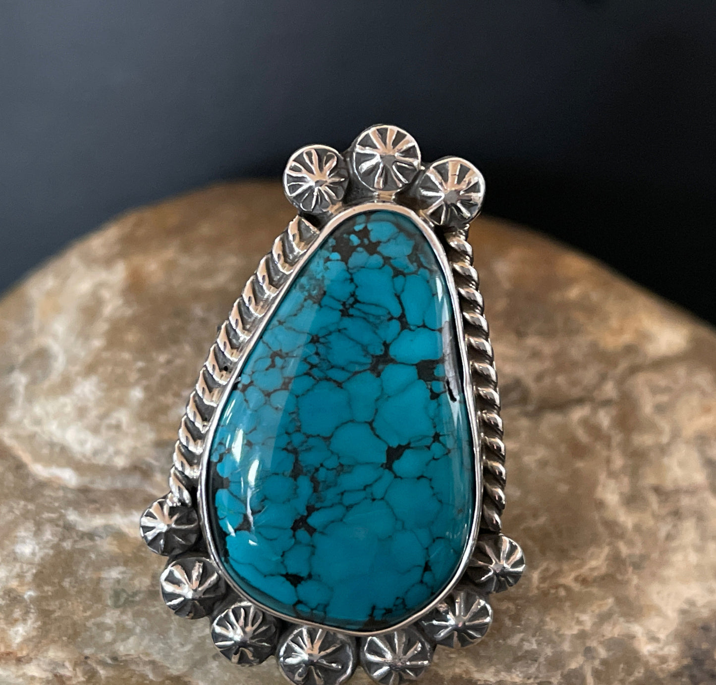 Blue Spiderweb Turquoise Navajo Sterling Silver Ring Size 10 14849