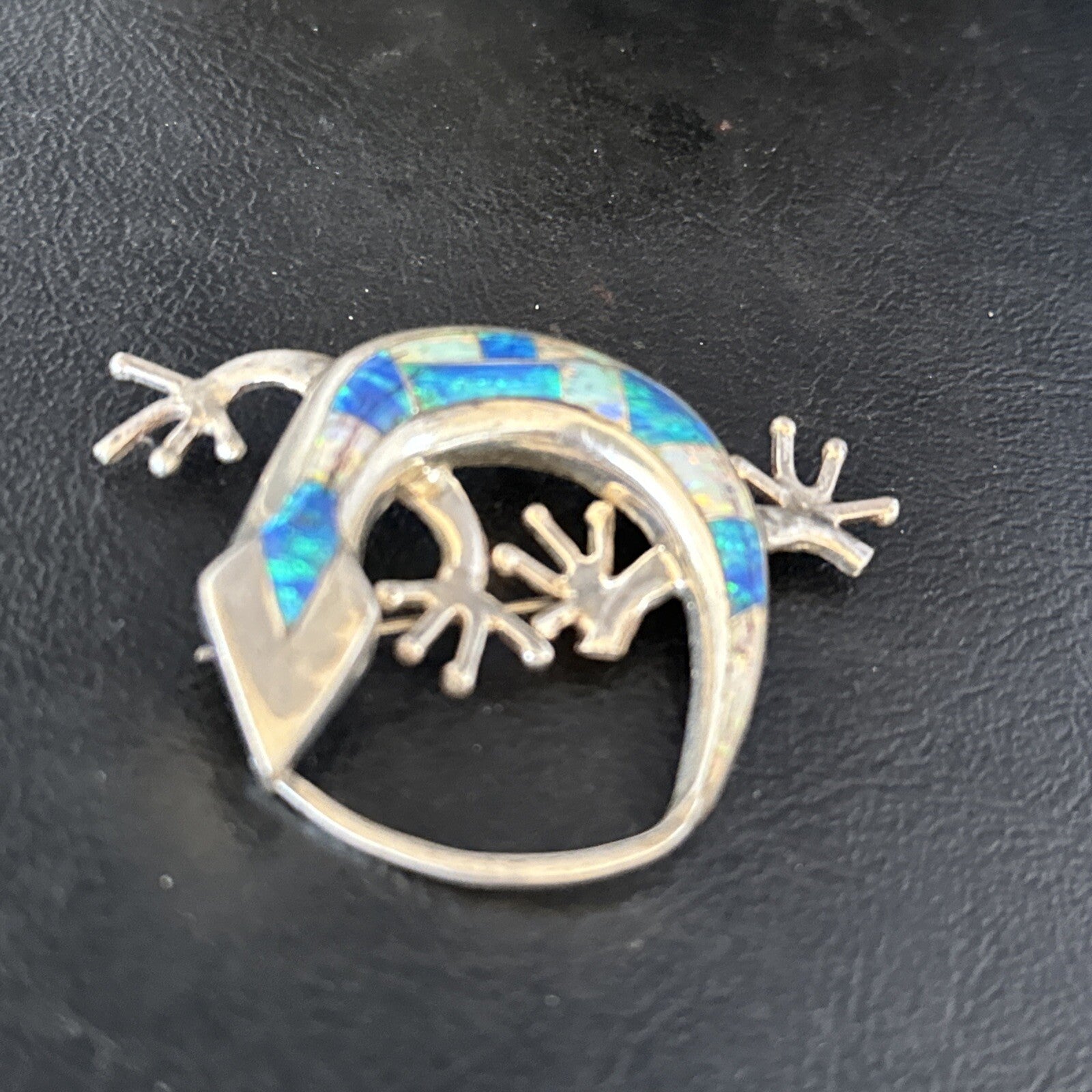Navajo White Blue Opal Lizard Pin Pendant Inlay Gecko Sterling Silver 14336