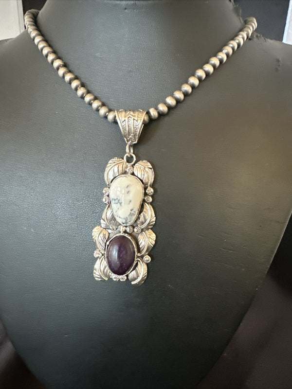 Navajo White Buffalo Turquoise Purple Stone Pendant | Sterling Silver | Authentic Native American Handmade | 18035