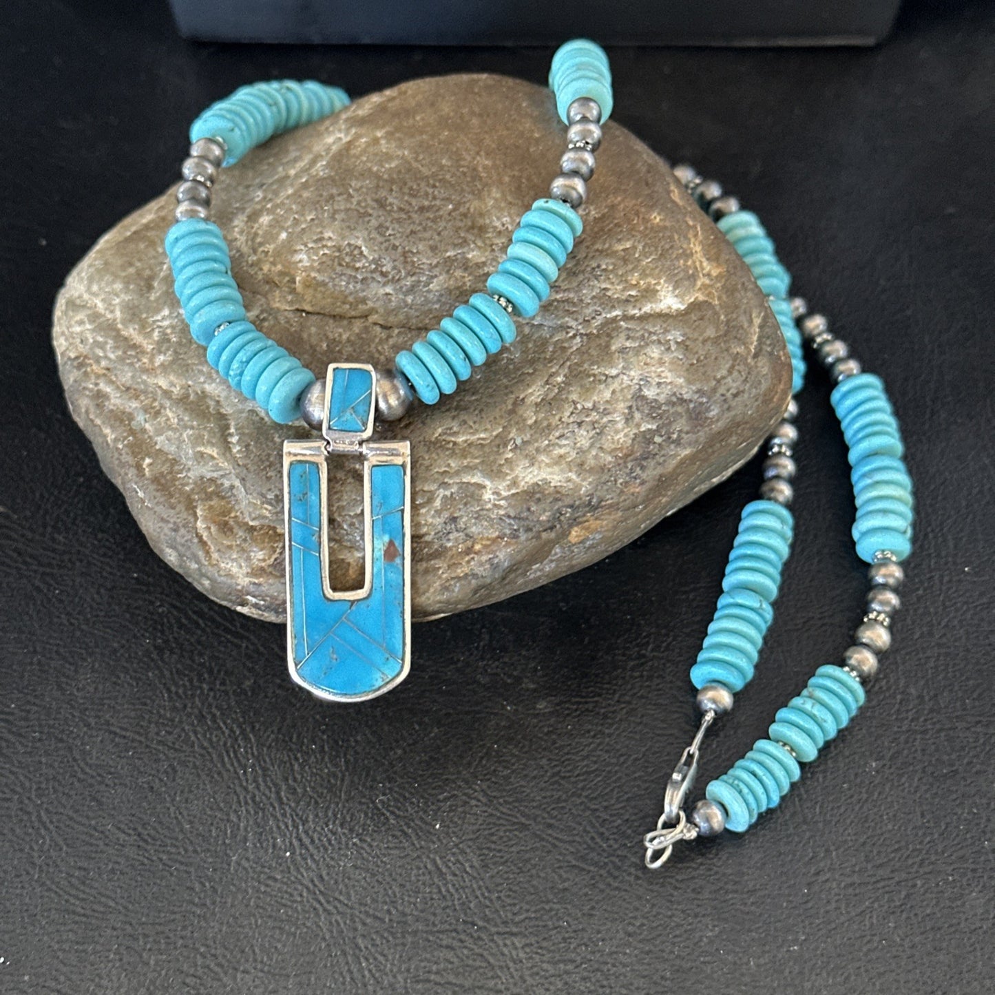 Blue Turquoise Inlay Pendant Navajo Sterling Silver Necklace 20" 19712