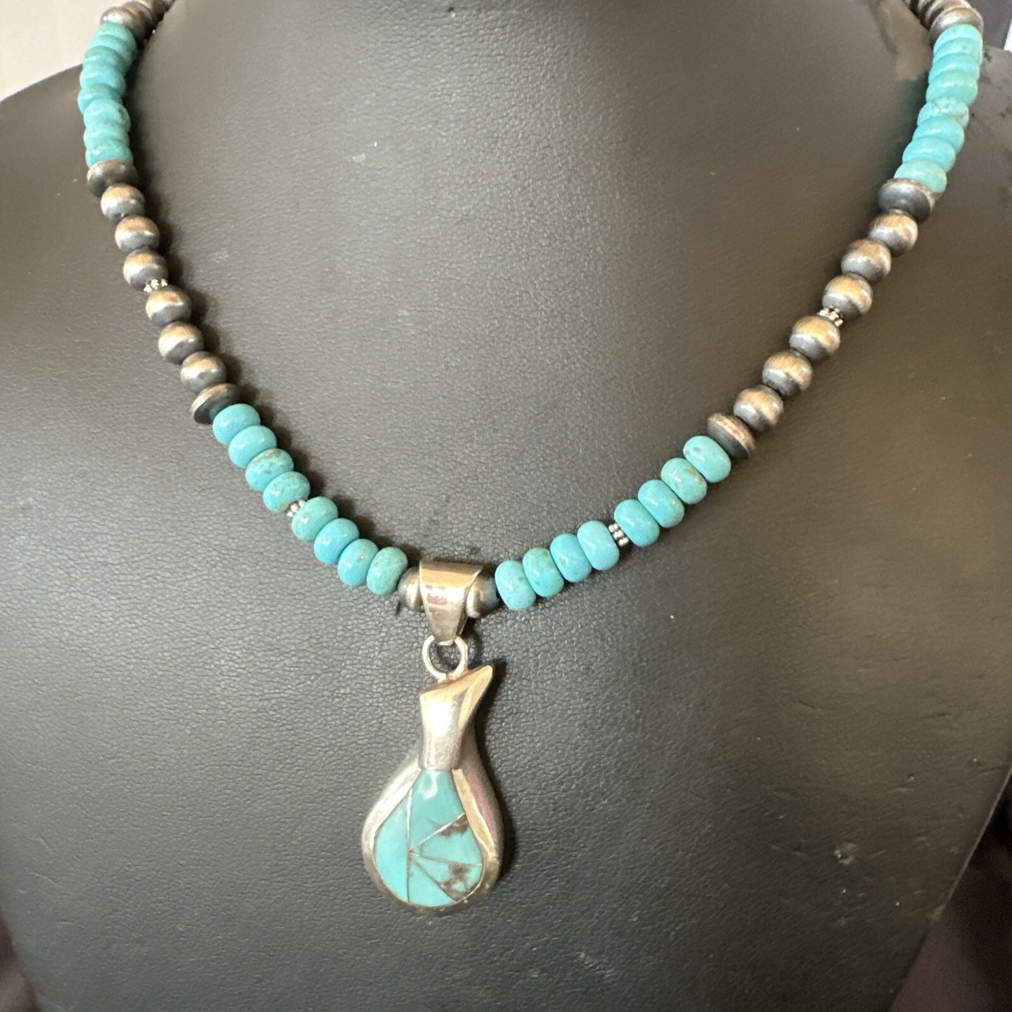 Pottery Blue Kingman Turquoise Pendant Navajo Sterling Silver Necklace 21" 18379