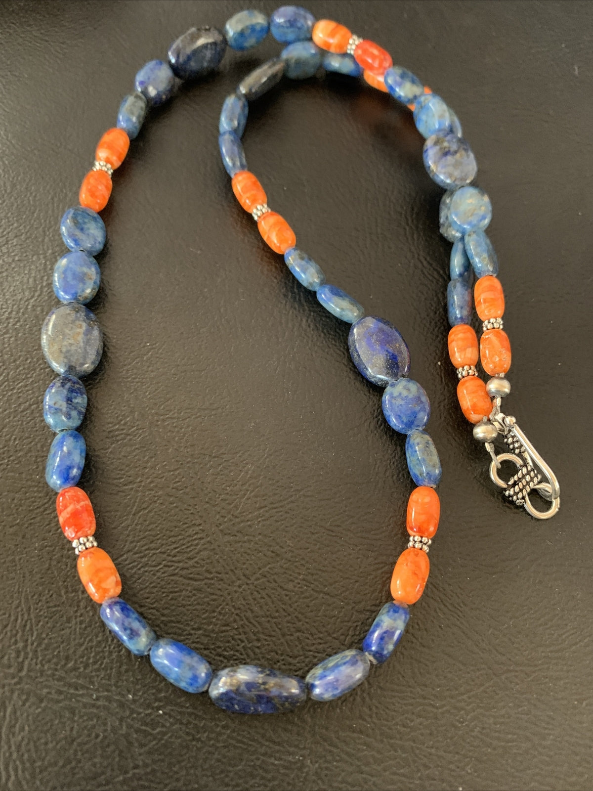 Mens Lapis Orange Spiny Oyster Navajo Pearls Sterling Silver Necklace 20" 01489