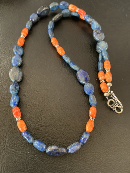 Mens Lapis Orange Spiny Oyster Navajo Pearls Sterling Silver Necklace 20" 01489
