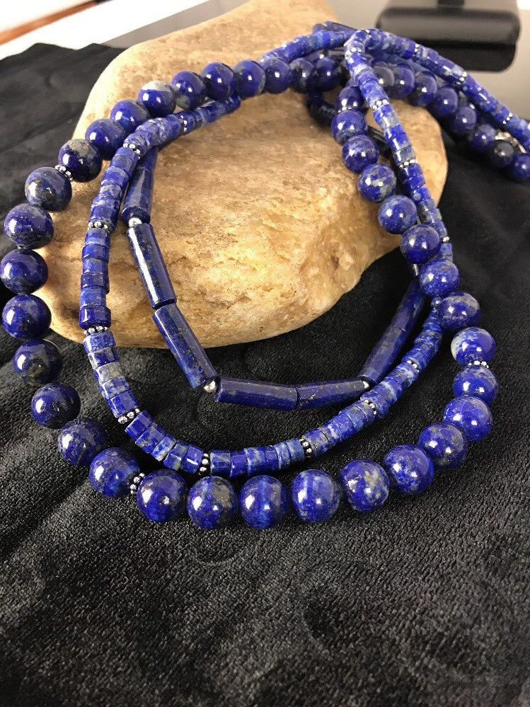Denim Lapis 3 Strands Navajo Sterling Silver Necklace 22" 03666