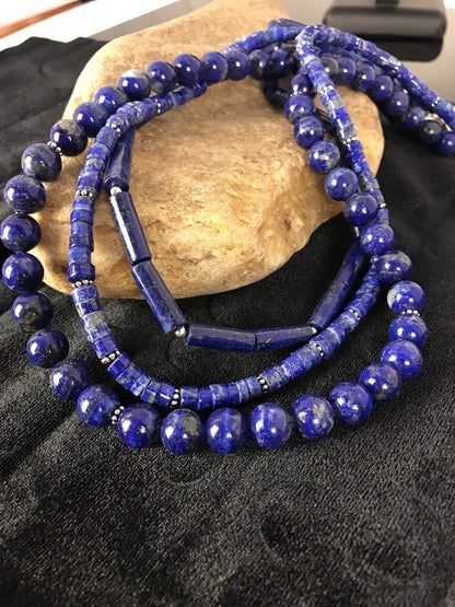 Denim Lapis 3 Strands Navajo Sterling Silver Necklace 22" 03666
