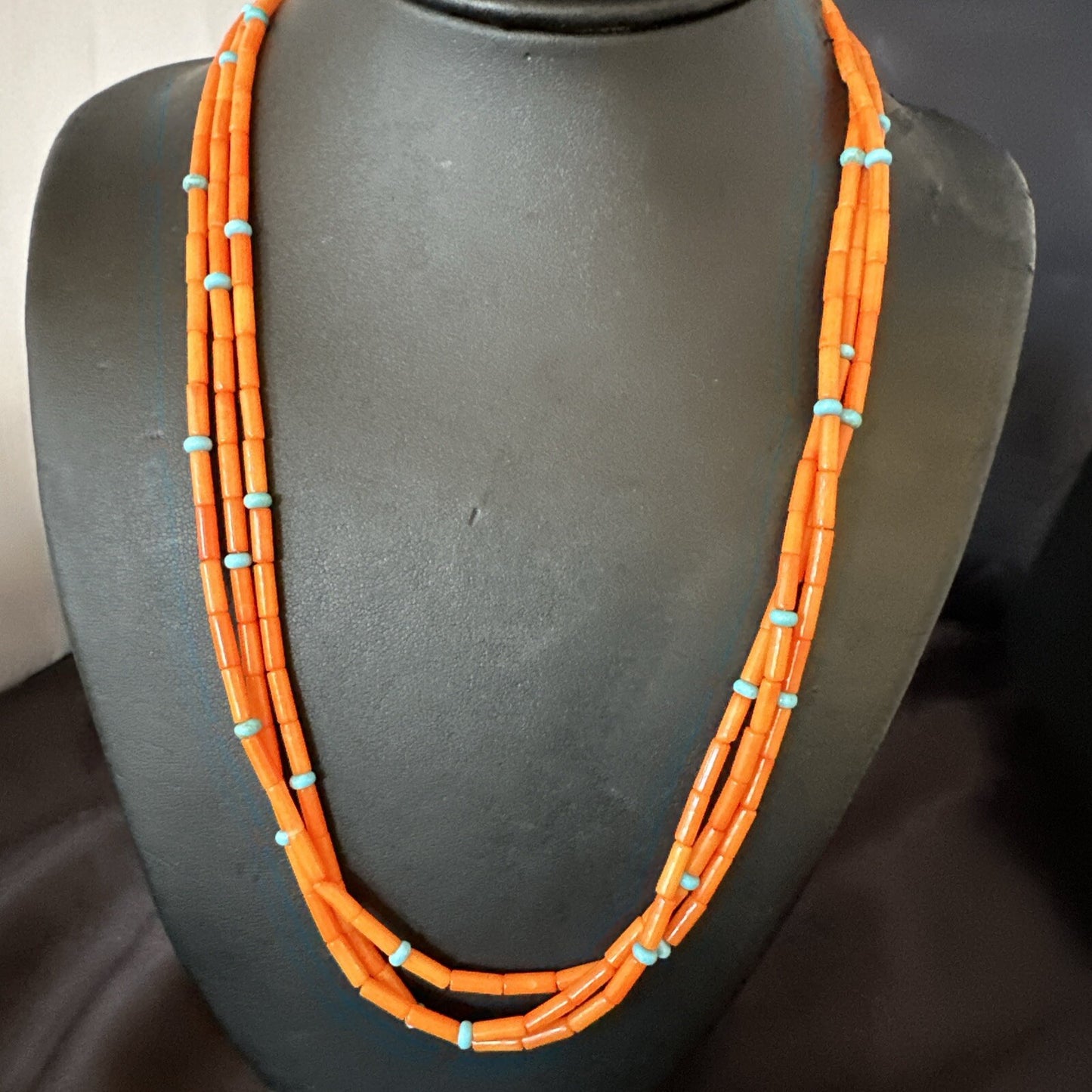 Native Turquoise Orange Coral Sterling Silver 3 Strand Necklace 21" 17819